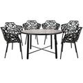 LeisureMod Devon Mid-Century Modern 7-Piece Aluminum Outdoor Patio Dining Set with Tempered Glass Top Table and 6 Stackable Flower Design Arm Chairs for Patio, Poolside, Balcony, and Backyard Garden - Leisurmod DT48CABL6