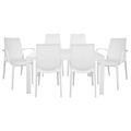 LeisureMod Kent Mid-Century 7-Piece Rectangular Outdoor Dining Set with 4 Side Chairs and 2 Armchairs - Leisurmod MT55KC194A2WH