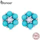 Bamoer New Arrival 925 Sterling Silver Turquoise Flower Stud Earrings for Women Blue Stone Korean