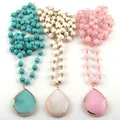 Free Shipping Fashion Bohemian Jewelry White/Blue turquoise/Pink Stone Rosary Chain Link Stone Drop
