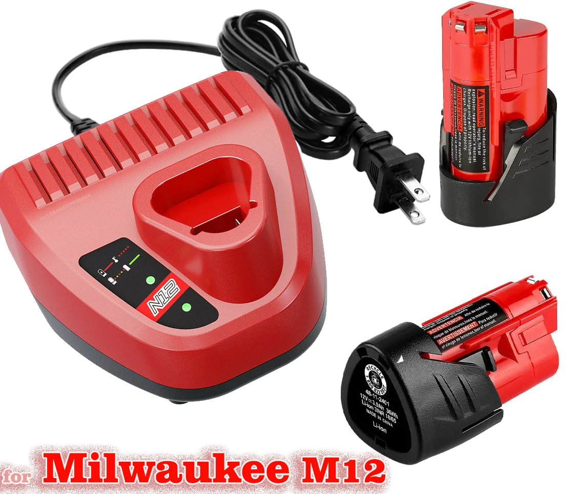 2er Pack 12V Lithium Ersatz Milwaukee M12 Batterie 3000mAh und M12 Schnell ladegerät für Milwaukee M12 Ladegerät Image