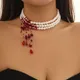 DIEZI Goth Multilayer Red Blood Imitation Pearl Choker Statement Necklace For Women Vintage Crystal
