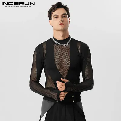 2023 männer Bodys Mesh Patchwork Rollkragen Langarm Sexy Strampler Männer T Shirt Transparent Fitness Party Bodys INCERUN Image