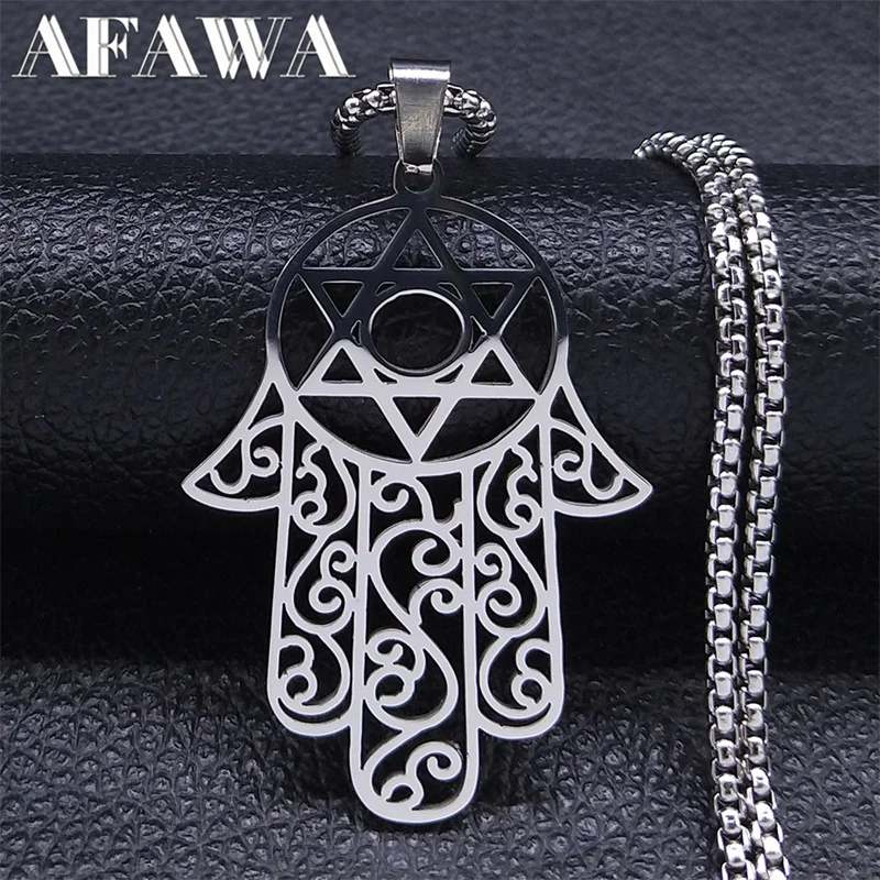 Collana Hamsa Mano di Fatima Acciaio inossidabile Colore argento Magen ebraico Stella di David Collane Collare gioielli hombre N7073S02