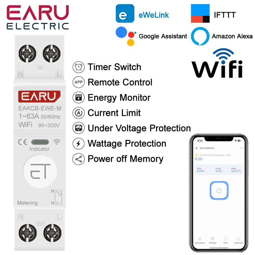eWeLink WiFi Smart Circuit Breaker 1P+N 63A MCB Timer Relais Schalter Energiemessung kWh Spannung Stromschutz Fernbedienung Image
