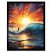 Sunset Surf Waves Surfing Artwork Vibrant Blue Purple Orange Setting Sun Behind Surfer in Wavy Seascape Art Print Framed Poster Wall Decor 12x16 inch