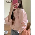 Jielur-Chemise brodée à rayures roses pour femmes manches tombantes simple boutonnage mode