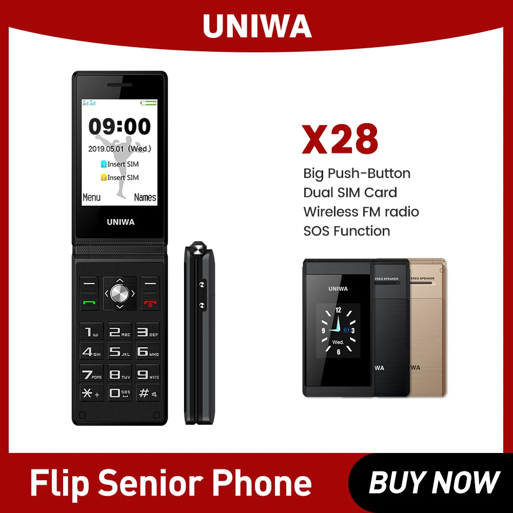 UNIWA X28 Flip Mobile Phone GSM Big Push-Button Clamshell Cellphone Phone Senior Dual Sim FM Radio Russian Hebrew Keyboard