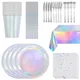 Laser Disposable Tableware Sets Silver Party Paper Cups Paper Plates Straw Party Tableware Wedding