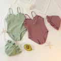 Baby Girl Sling Swimwear Summer New Solid Pearl One Piece Swimsuit with Hat for Children Sleeveless