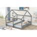 Kids Double Bed Frame, Wooden 2 Twin Size House Platform Beds with Fence, 2 Shared Beds with Roof, Montessori Bed