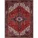 Shahbanu Rugs Valiant Poppy Red Hand Knotted Pure Wool Vintage Persian Heriz with Village Motif Good Condition Rug (8'4"x11'2")