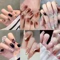 6 Packs (144 Pcs) Press on Nails Design Short Fake Nails Almond French Glue on Nails Set with