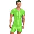 Mens Glossy Zipper Bodysuit One-Piece Swimsuit Short Sleeve Stretchy Jumpsuit Swimwear Workout