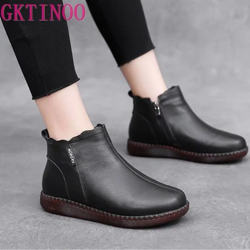 GKTINOO Echtes Kuh Leder Frauen Stiefeletten Plüsch Warme Flache Bequeme Booties Herbst Winter Schuhe Plattform Große Größe 34-43