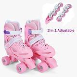 Otufan 2 in 1 Roller Skates Adjustable Kids Roller Skates Child s Inline Skates and Classial Quad for Beginner Boys and Girls Aged 3 to 10 Years Pinkï¼Œ M