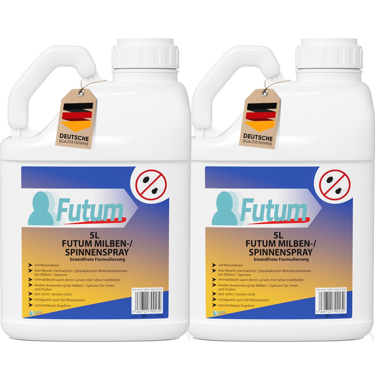 FUTUM 2x5L Milbenspray / Spinnenspray bekämpft Insekten, Eier, Larven, Insektenspray ohne Biozide auf Wasserbasis, Sofortwirkung ohne Flecken Image