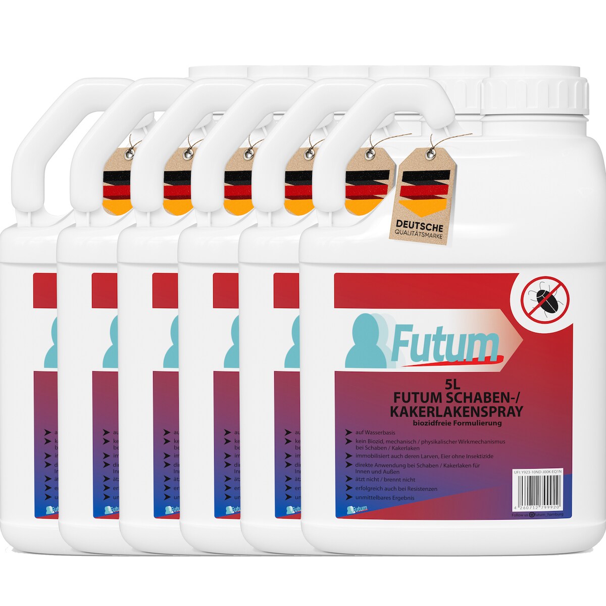 FUTUM 6x5L Schabenspray / Kakerlakenspray bekämpft Insekten, Eier, Larven, Insektenspray ohne Biozide auf Wasserbasis, Sofortwirkung ohne Flecken Image