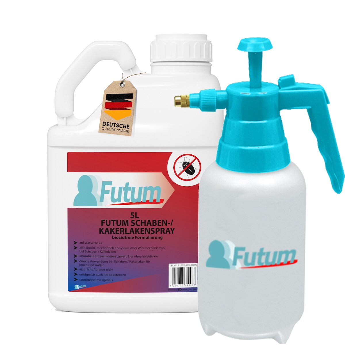 FUTUM 5L Schabenspray / Kakerlakenspray bekämpft Insekten, Eier, Larven ohne Biozide auf Wasserbasis, Sofortwirkung ohne Flecken + TRIGGER Image