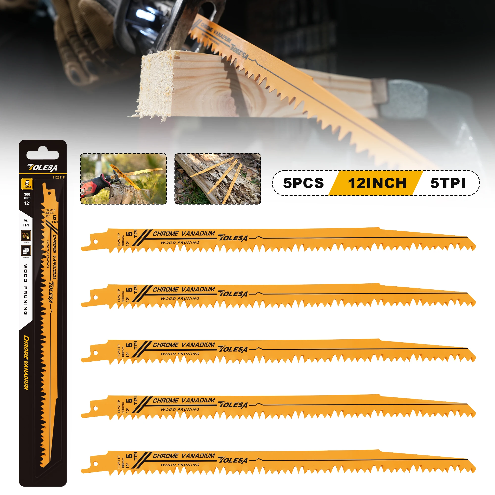 TOLESA 5PCS 5/6TPI Lame per sega alternativa per potatura del legno per taglio di tubi in legno e PVC CRV Lame per sega a sciabola con denti taglienti a terra