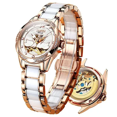 Luxury Mechanical Women Watch Love Swan Design Skeleton Elegant Ceramics Strap Waterproof Ladies Wristwatch Girls Dress Watch