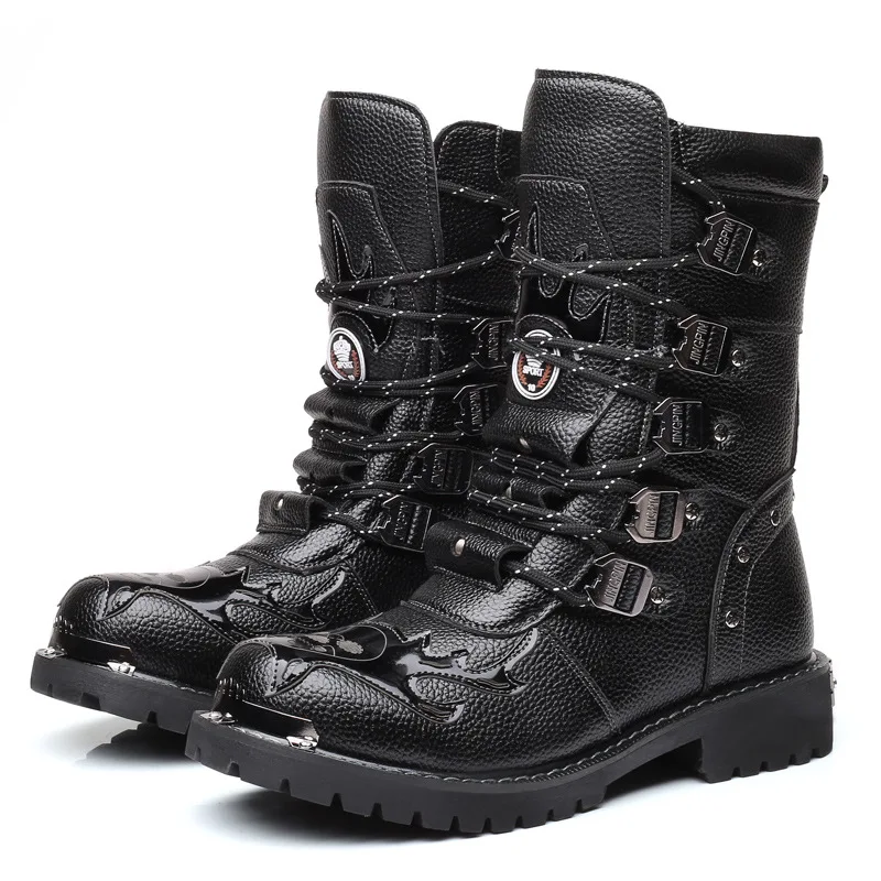 Winter Männer Motorrad Stiefel 2022 Neue Mode Mid-Kalb Punk Rock Punk Schuhe Herren PU Leder Schwarz High top mens Casual Boot 38-46