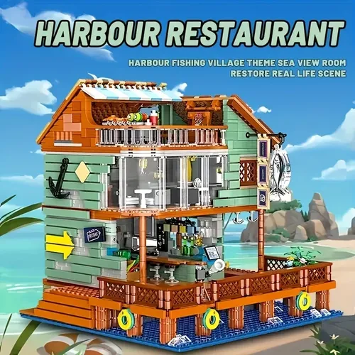 2096 Stück Hafen Restaurant Bausteine Meer Straße Blick Hausbau Moc Ziegel Spielzeug Kinder