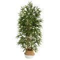 Silk Plant Nearly Natural 64 Bamboo Artificial Tree with Natural Bamboo Trunks in Boho Chic Handmade Cotton & Jute White Woven Planter