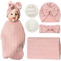 Newborn Swaddle Set with Matching Hat and Headband Bow,Wooden Birth Announcement Card,Muslin Baby Swaddle Blankets for Boys & Girls (Pink)