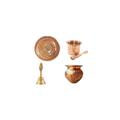 Hijet Copper Combo Items Pooja Thali,Copper Kalash,Copper Panchpatra with Pali (Aachamani) and Brass Aarti Bell,for Home,Office,Temple-5 pcs