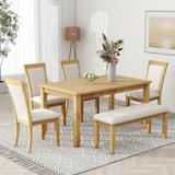 Rustic 6-Piece Dining Table Set, Wood Kitchen Dining Room Table Chairs Set with PU Leather Upholstered Chairs and Bench, Natural