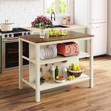 Solid Wood Rustic 3-piece 45" Kitchen Island Set with 2 Seatings, Wood Butcher Block Dining Table Set with 2 Open Shelves