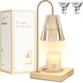 HAMIQI Candle Warmer Lamps - Dimmable Candle Lamp with Wood Base, Top Down Candle Warmer on Table, Electronic Candle Melting Lamps for Scented Jar Candle with 2 Bulbs (Golden Glass)