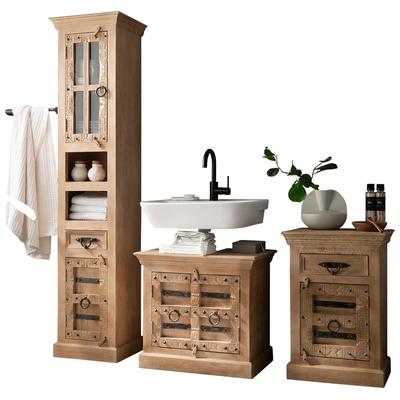 Badmöbel-Set SIT, beige (natur), 1 Hochschrank, 1 Unterschrank, 1 Spiegel, 1 kleiner Schrank, 1 Hängeschrank, Massivholz, Kastenmöbel-Sets, Front mit aufwändigen Schnitzereien, Ringgriffe & Beschläge aus Metall Image