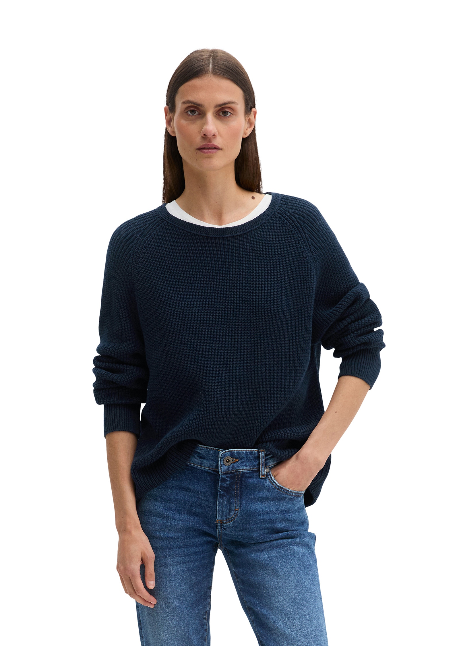 Strickpullover MARC O'POLO "aus Heavy-Weight-Organic-Cotton", Damen, Gr. XL, blau (night sky), Obermaterial: 100% Baumwolle, unifarben, Rundhals, Pullover Strickpullover