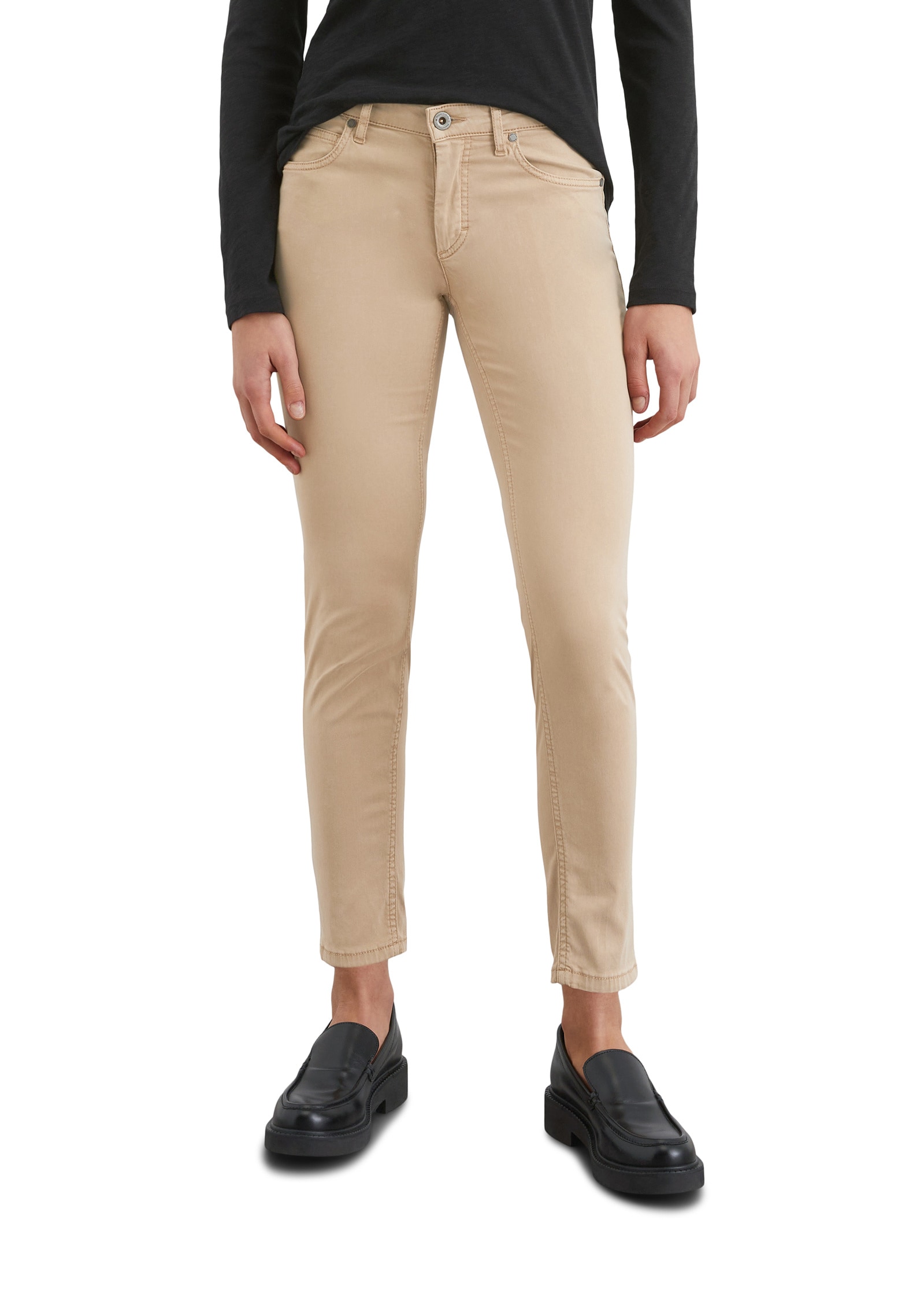5-Pocket-Hose MARC O'POLO "aus Lyocell-Baumwolle-Mix", Damen, Gr. 26, Länge 34, beige (norse sand), Obermaterial: 64% Lyocell, 32% Baumwolle, 4% Elasthan, unifarben, slim fit kurz, Hosen 5-Pocket-Jeans