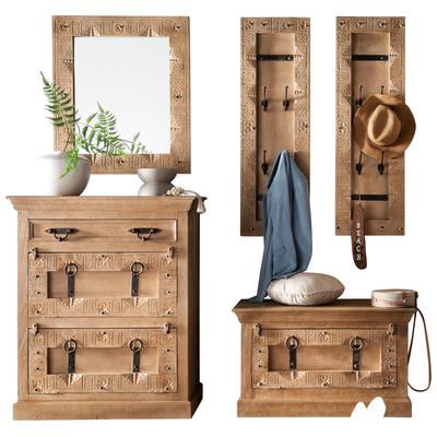 Garderoben-Set SIT, beige (natur), 1 großer Schuhschrank, 1 kleiner Schuhschrank, 2 Garderobenpaneele, 1 Spiegel, Massivholz, Kastenmöbel-Sets, Front mit aufwändigen Schnitzereien, Ringgriffe & Beschläge aus Metall Image