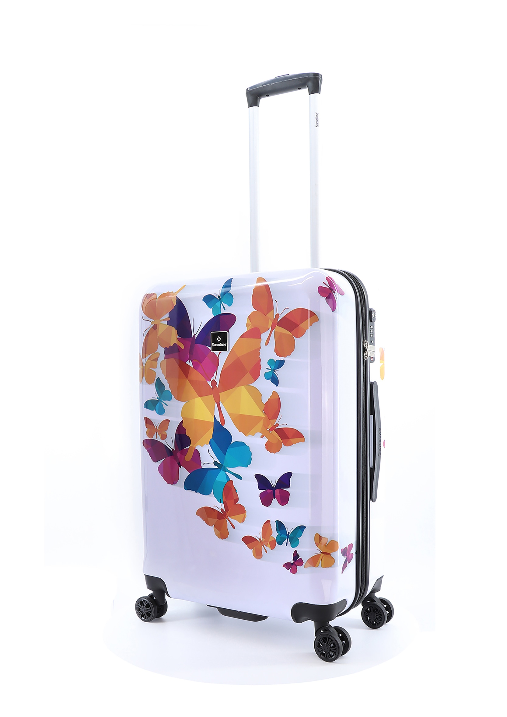 Koffer SAXOLINE "Schmetterling", Gr. B/H/T: 43,5 x 66,5 x 25, bunt (weiß, mehrfarbig), Polyester, casual, Koffer, mit arretierbarem Aluminium-Trolleysystem Image