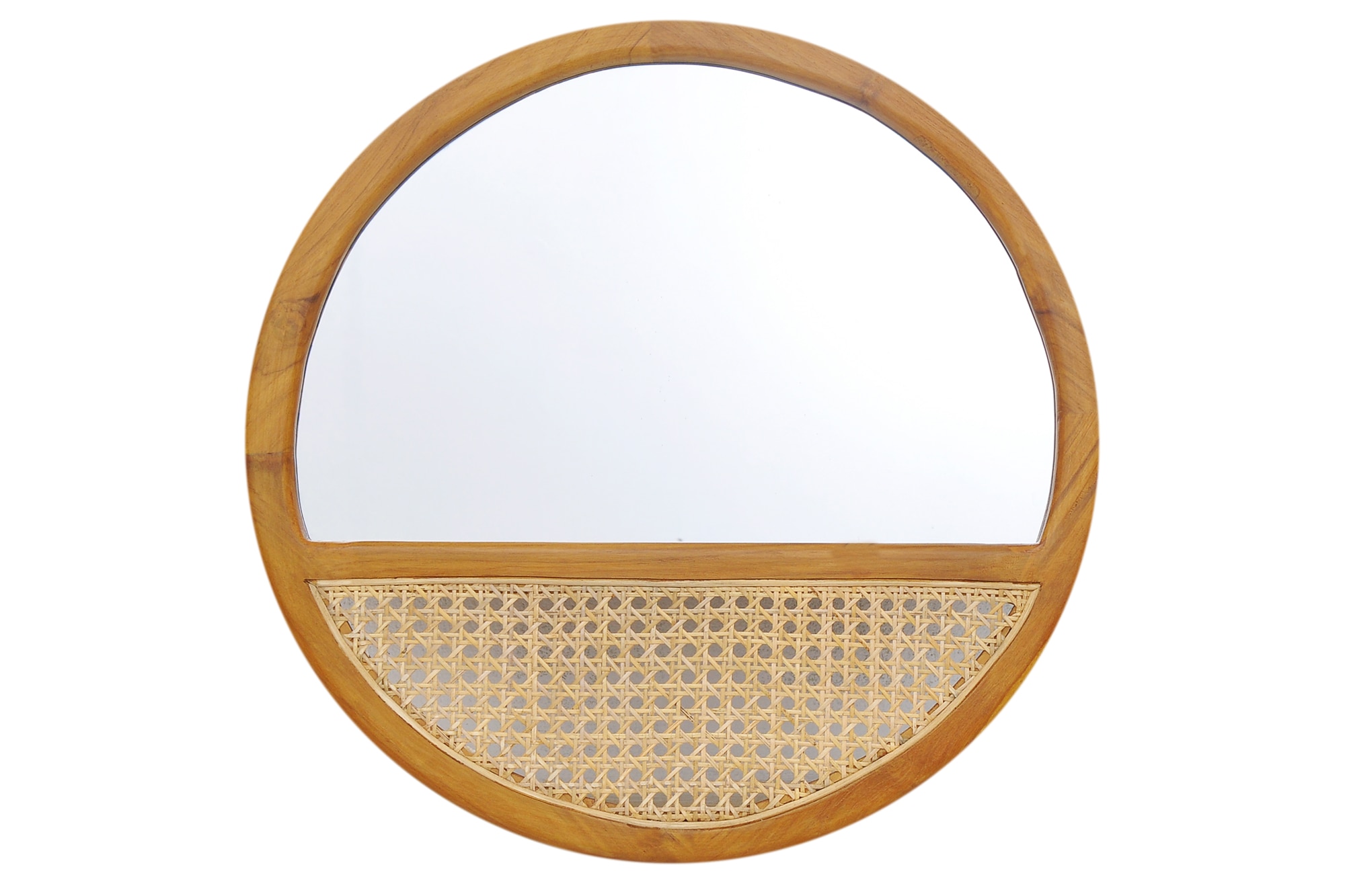 Wandspiegel SIT, beige (natur), B:60cm H:60cm T:3cm Ø:60cm, Geflecht Rattan, Massivholz, Spiegel, Wandspiegel, Rattangeflecht im unteren Drittel des Spiegels
