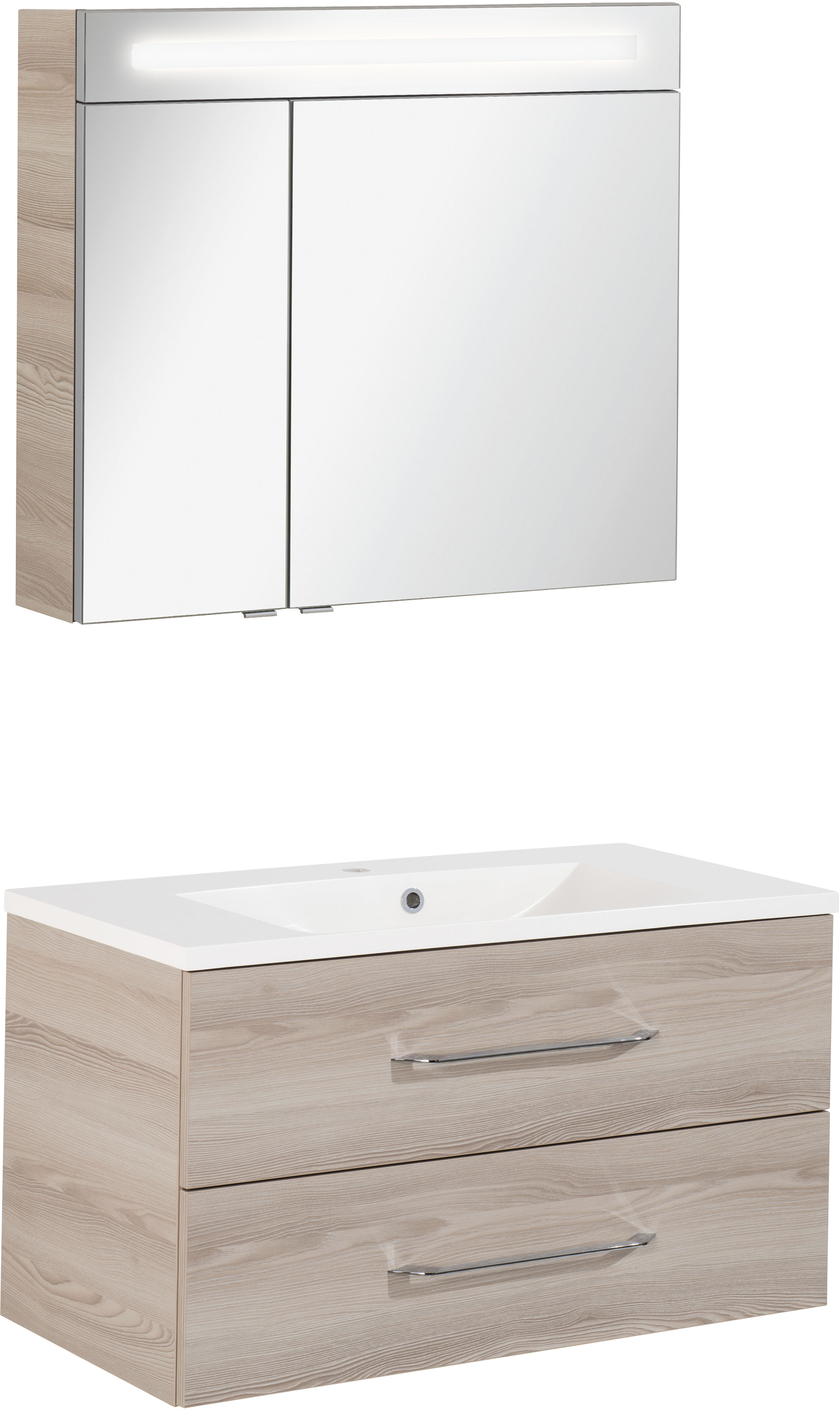 Waschtisch FACKELMANN "Waschplatz-Set B.Clever", braun (korpus und fronten optik alaska esche, optik alaska esche), B:90cm T:46cm, Waschtische, 3-teilig Image