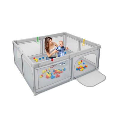 Costway Portable Baby Playpen Large Play Yard with 50 Ocean Balls and 4 Pull Rings-Gray