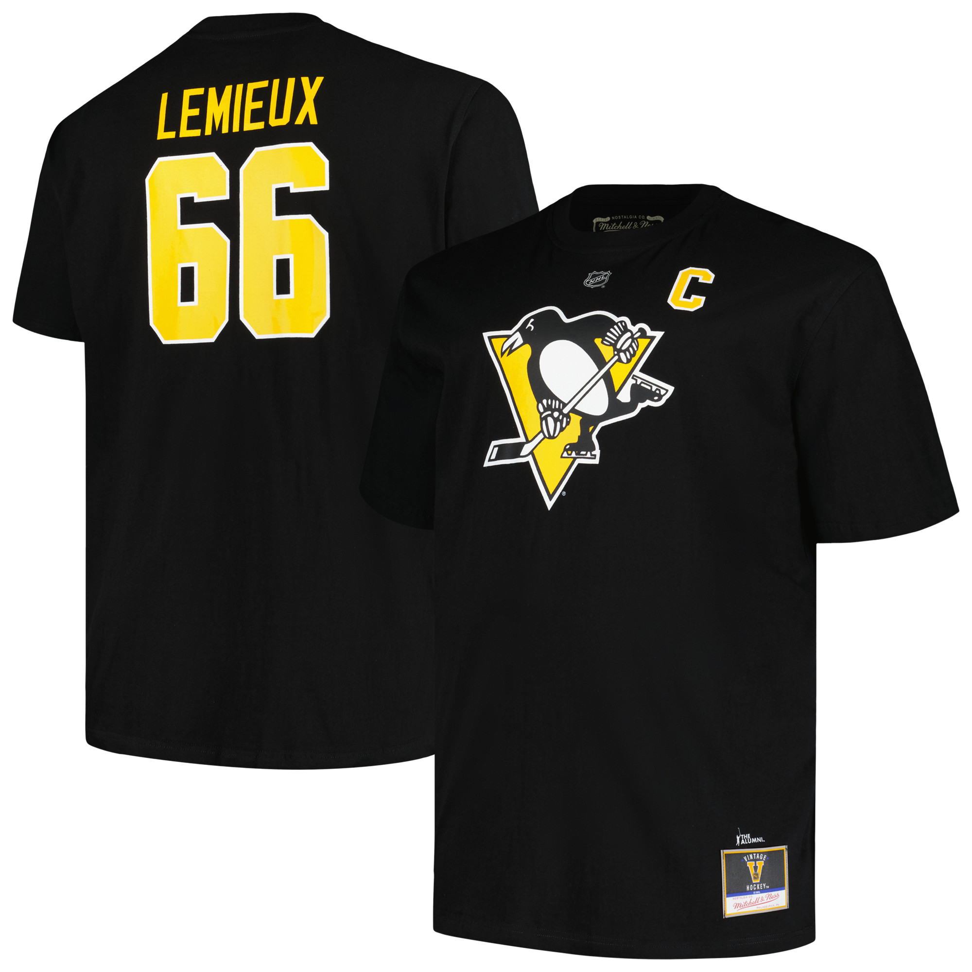 Mitchell & Ness Mario Lemieux Herren-T-Shirt mit Namen und Nummer der Pittsburgh Penguins, groß und lang, Schwarz Image