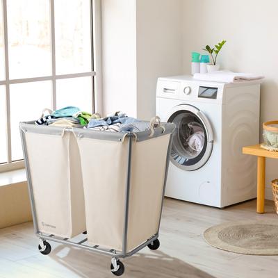 Commercial Divided Rolling Canvas Bin Laundry Hamper on Wheels, White