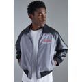 Mens Grey Boxy Embossed Pu & Contrast Nylon Bomber, Grey