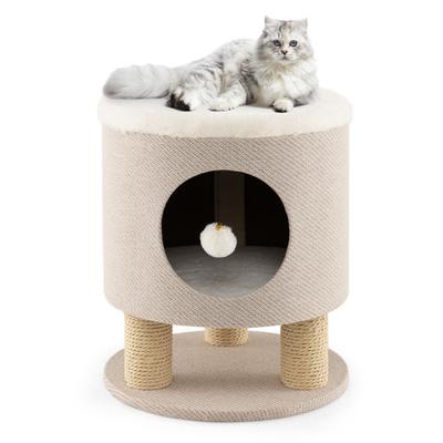 Costway 3-in-1 Cat Condo Stool Kitty Bed with Scratching Posts and Plush Ball Toy-Beige