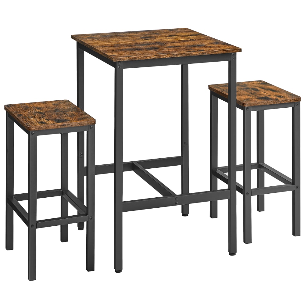 Ensemble table de bar avec 2 tabourets effet bois marron rustique