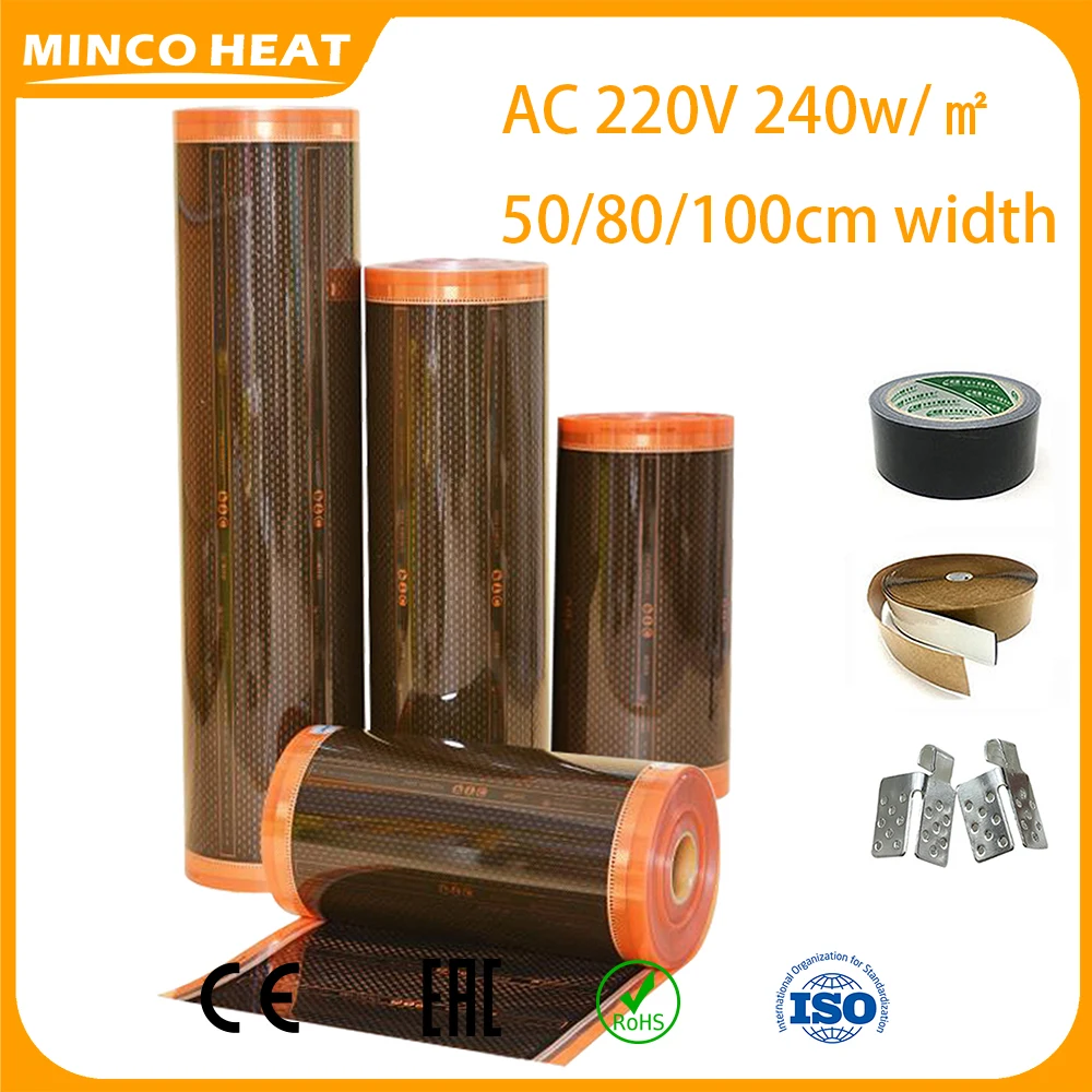 Minco Heat AC220V 220~240W/m² Neue Orange Energiesparende Infrarot-Graphen-PTC-Heizfolie 5~50 ㎡ und Installationskit Image