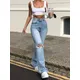 Blau Skinny Jeans Zerrissene Frauen Denim Hosen Streetwear Distressed Capris Bell-Bottom Jeans Hohe