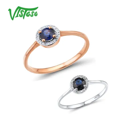 VISTOSO Gold Ringe Für Frauen Reine 14K 585 Rose Gold Ring Funkelnden Diamant Runde Blau Sapphire