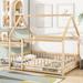 Twin/ Full Size Wood House Roof Frame with Fence Guardrails, Wooden Floor Wooden Bed Frame with Roof for Kids Bedroom